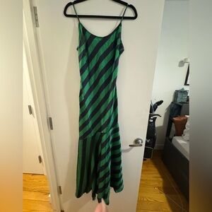 STAUD Diagonal Striped Green and Black Maxi Slip Dress